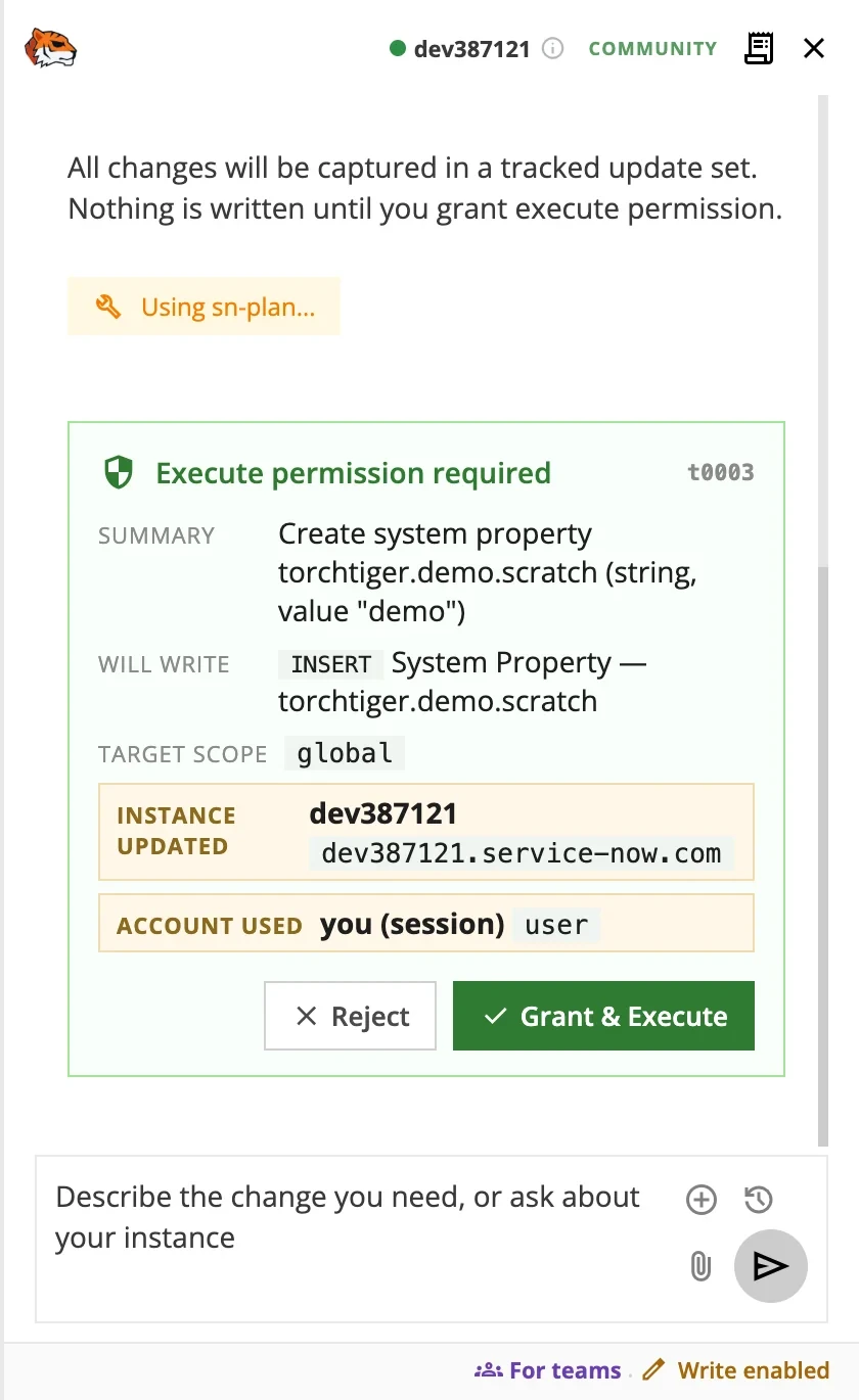 The TorchTiger Engineer panel showing a plan awaiting approval before it changes a ServiceNow instance
