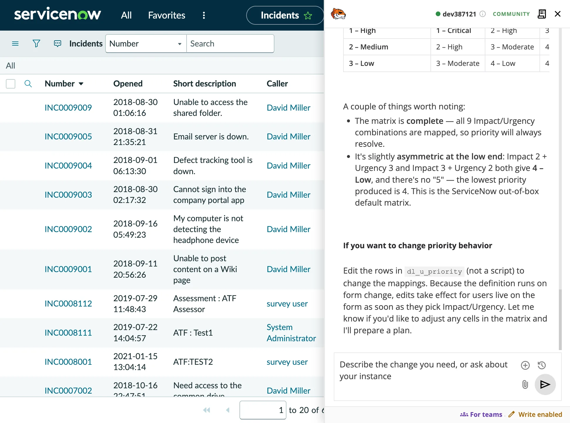 The TorchTiger Engineer panel explaining how a ServiceNow instance sets incident priority: a data lookup over the Impact and Urgency matrix, and which rows to edit to change it