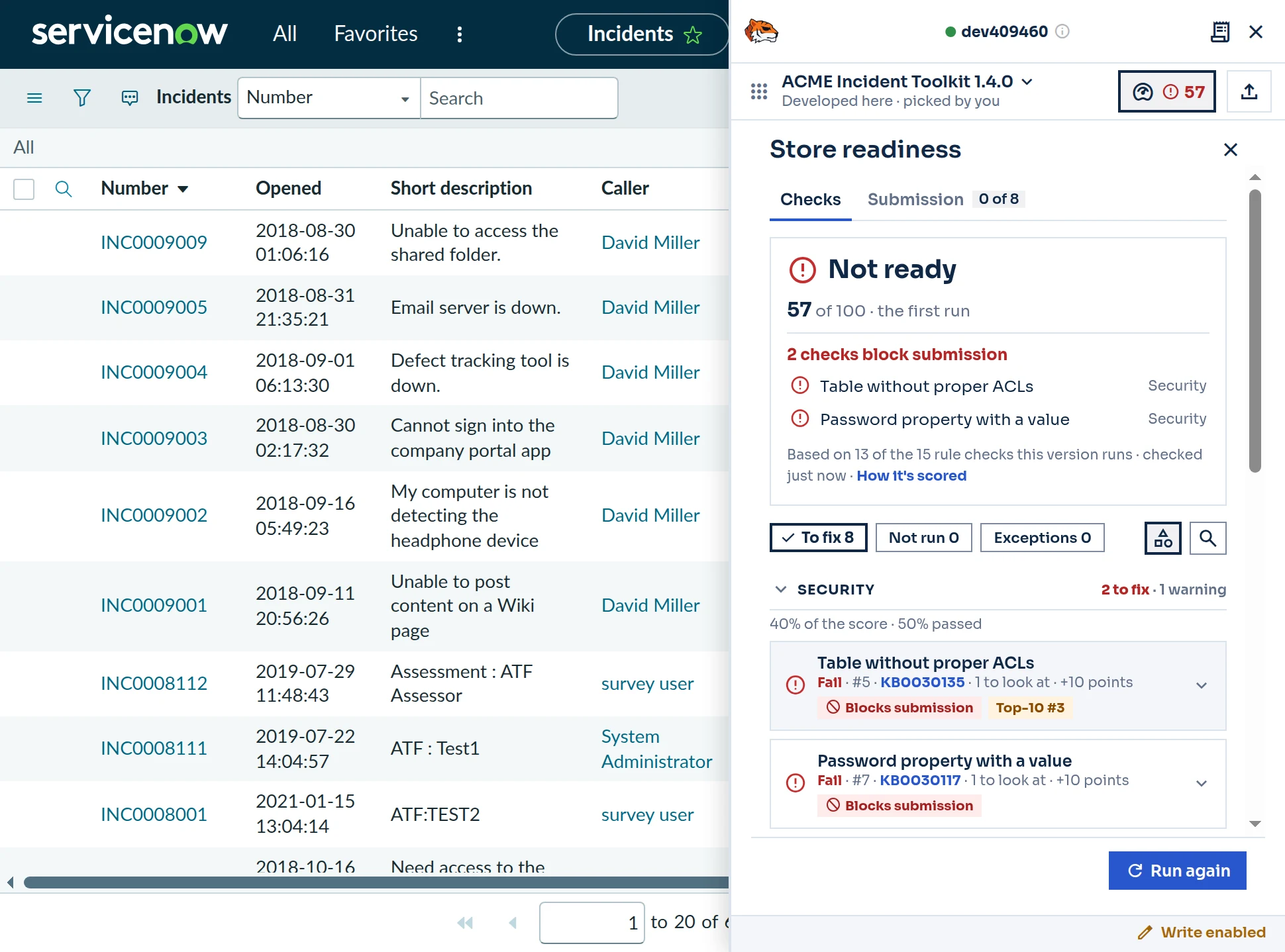TorchTiger Engineer's Store readiness view for a demo app in development: Not ready, 57 of 100, with two security checks that block submission and the points each fix is worth